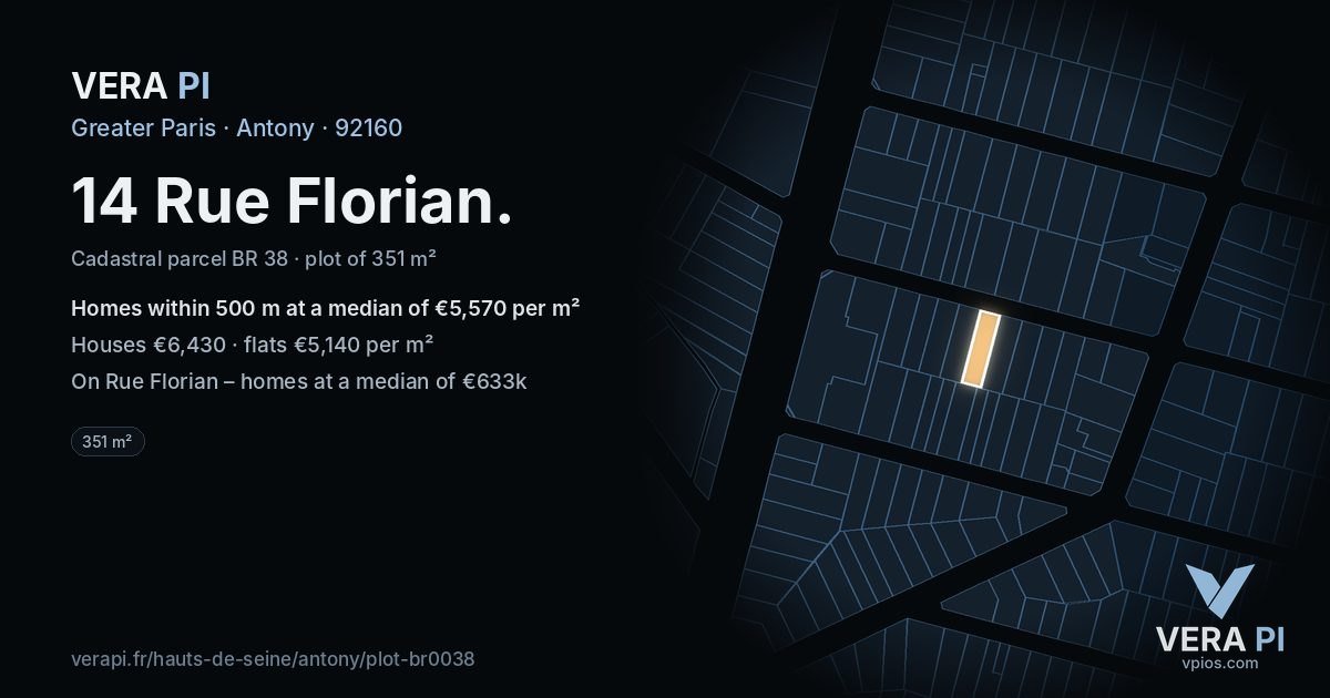 14 Rue Florian, Antony at night – the plot lit, the parcels around coloured by the prices near them