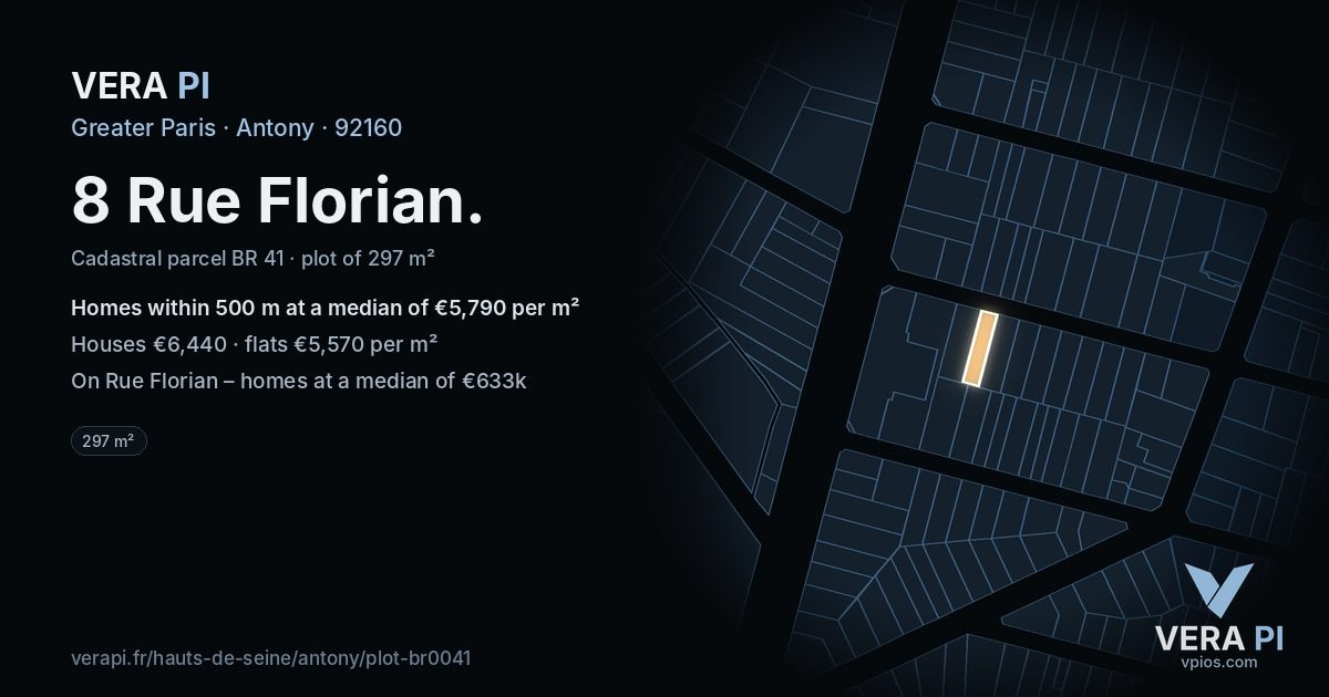 8 Rue Florian, Antony at night – the plot lit, the parcels around coloured by the prices near them