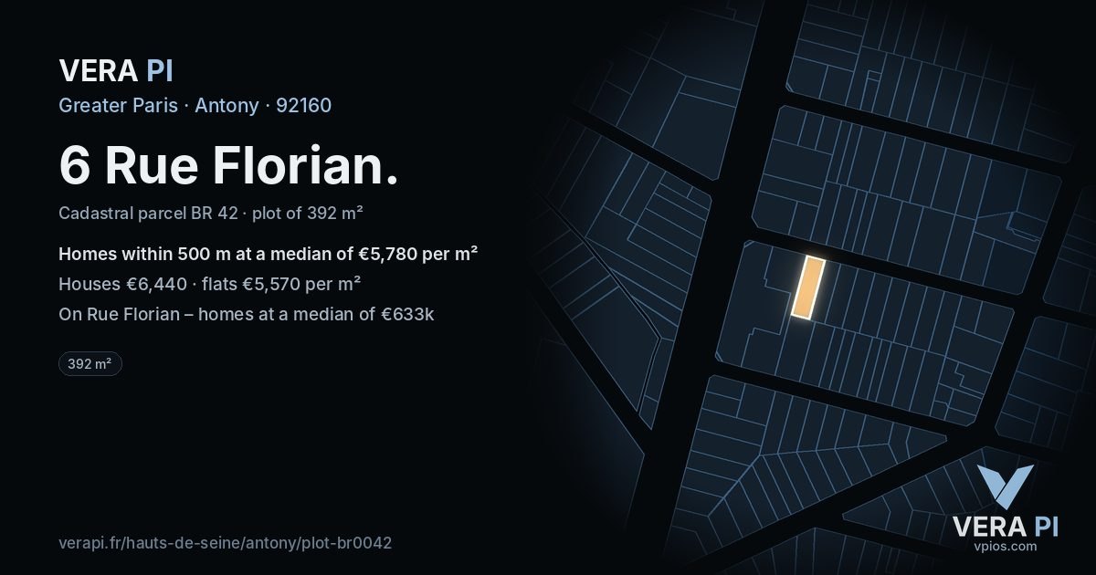 6 Rue Florian, Antony at night – the plot lit, the parcels around coloured by the prices near them