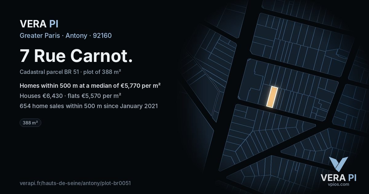 7 Rue Carnot, Antony at night – the plot lit, the parcels around coloured by the prices near them