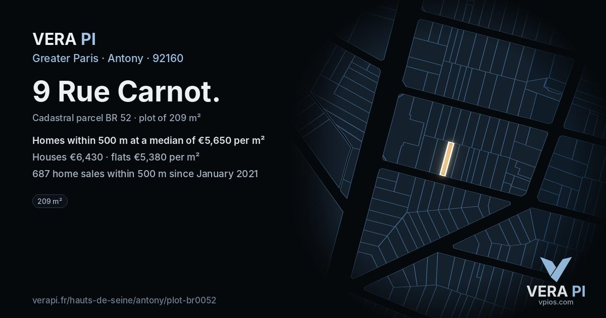 9 Rue Carnot, Antony at night – the plot lit, the parcels around coloured by the prices near them