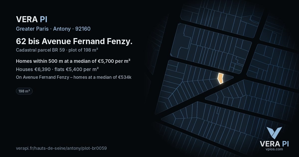 62 bis Avenue Fernand Fenzy, Antony at night – the plot lit, the parcels around coloured by the prices near them