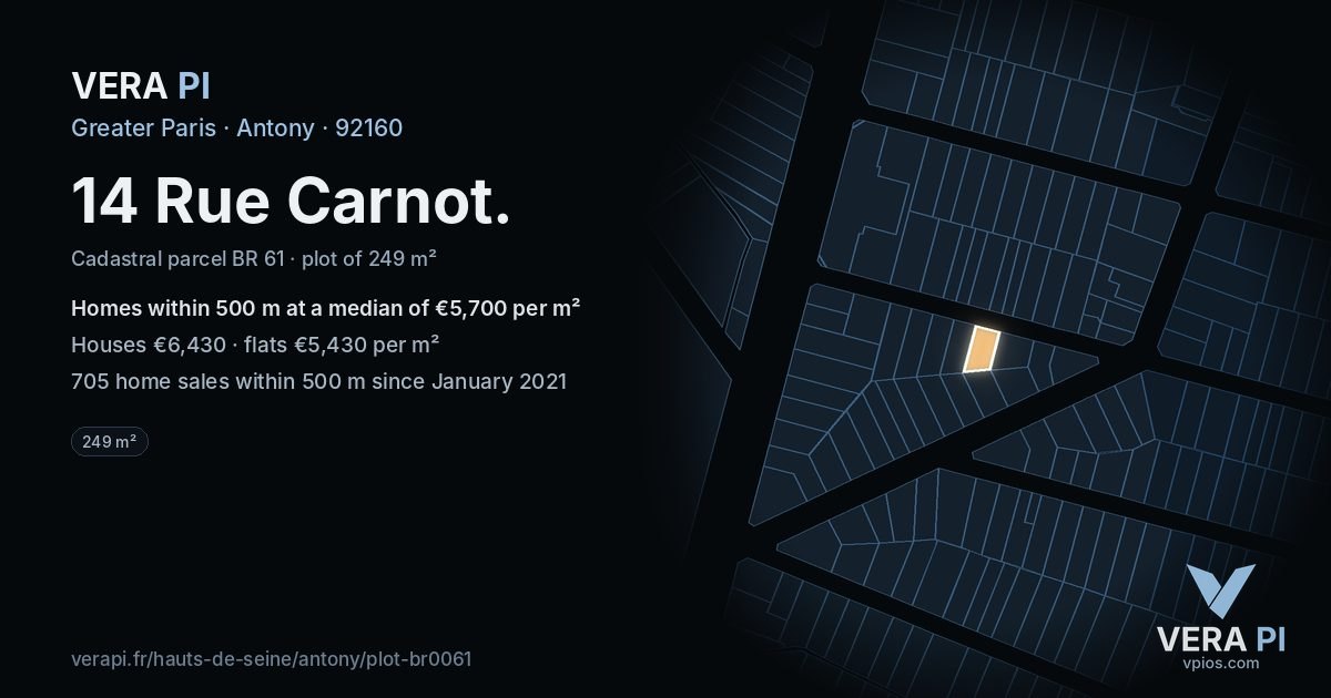 14 Rue Carnot, Antony at night – the plot lit, the parcels around coloured by the prices near them
