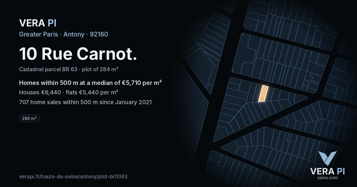 10 Rue Carnot, Antony at night – the plot lit, the parcels around coloured by the prices near them