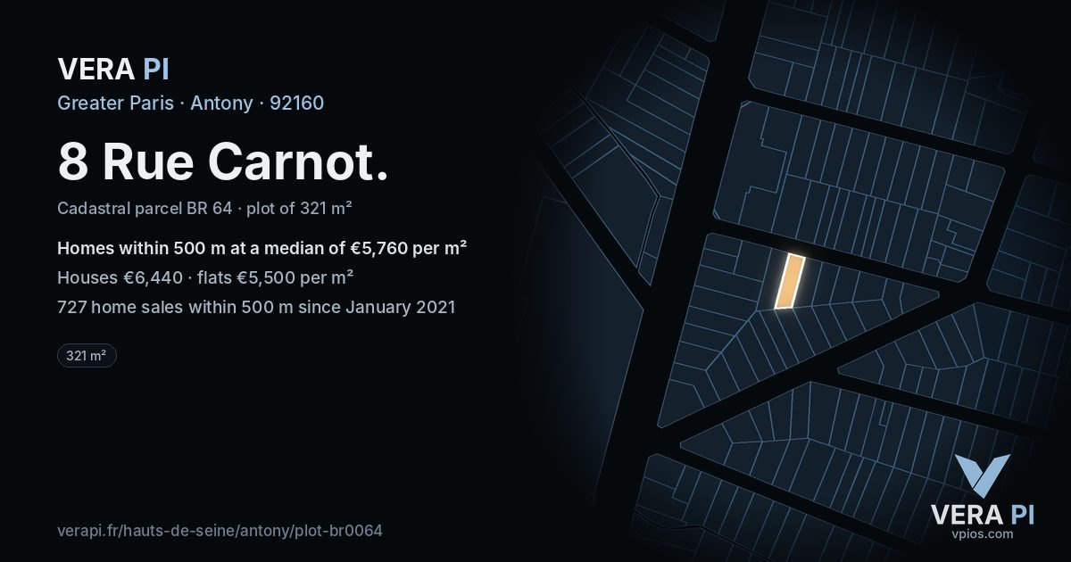 8 Rue Carnot, Antony at night – the plot lit, the parcels around coloured by the prices near them