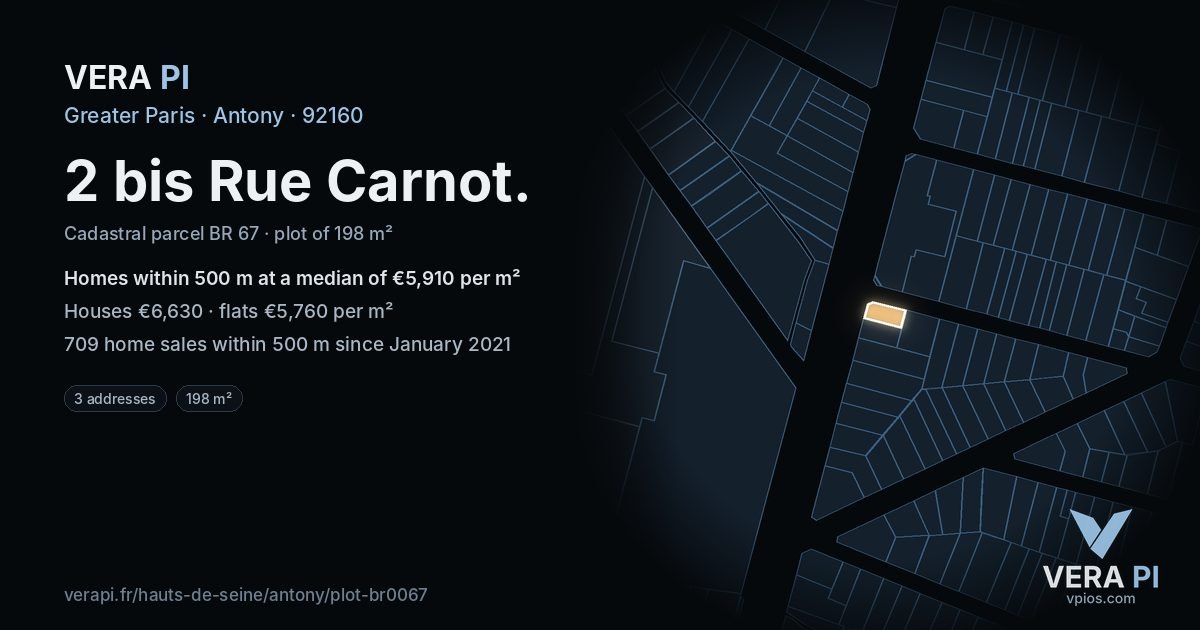 2 bis Rue Carnot, Antony at night – the plot lit, the parcels around coloured by the prices near them
