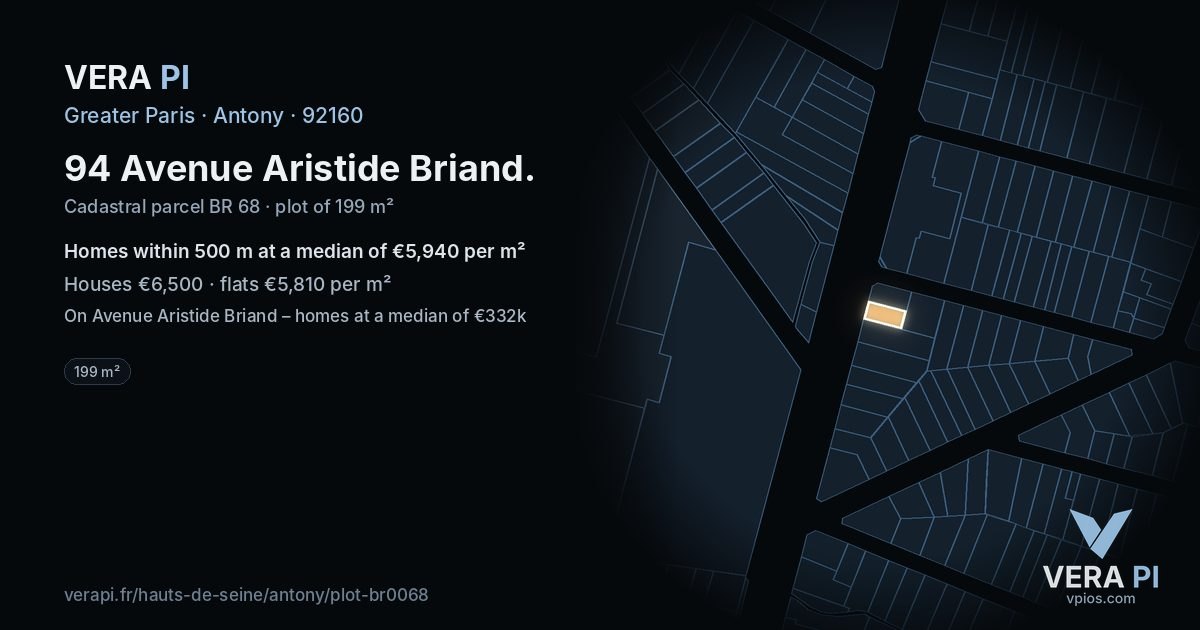 94 Avenue Aristide Briand, Antony at night – the plot lit, the parcels around coloured by the prices near them