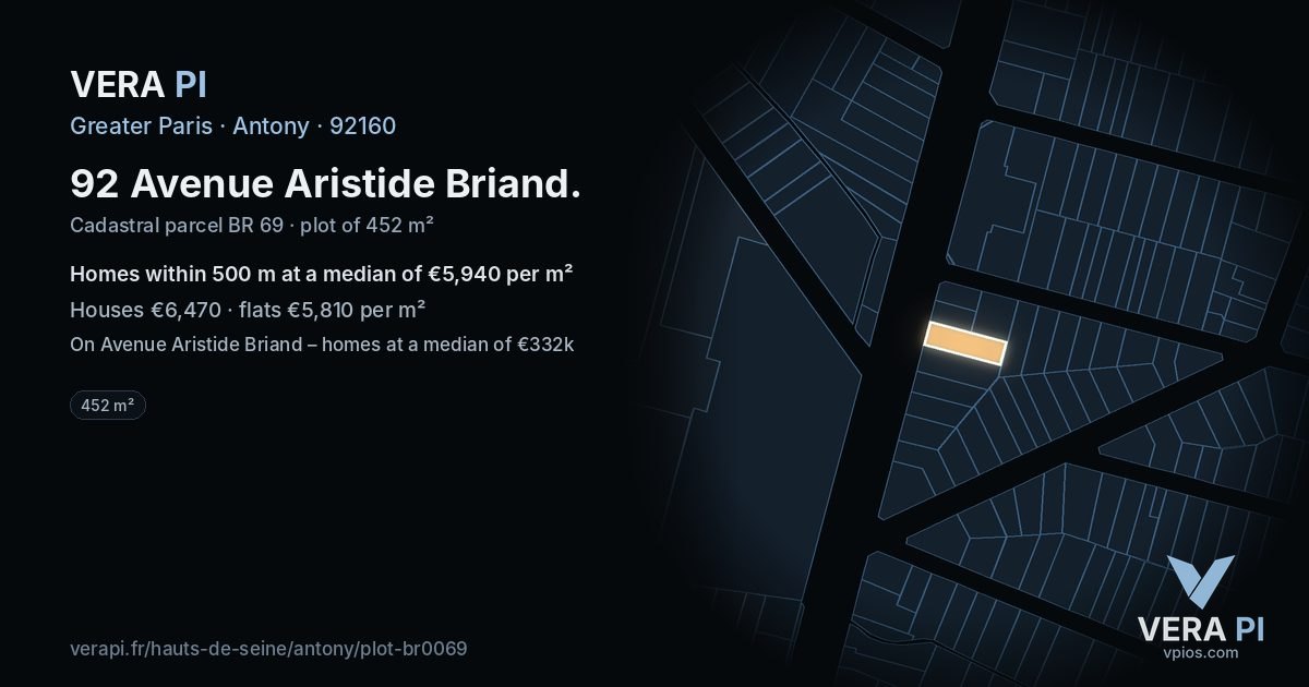 92 Avenue Aristide Briand, Antony at night – the plot lit, the parcels around coloured by the prices near them