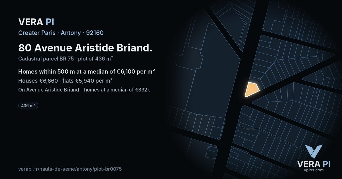 80 Avenue Aristide Briand, Antony at night – the plot lit, the parcels around coloured by the prices near them