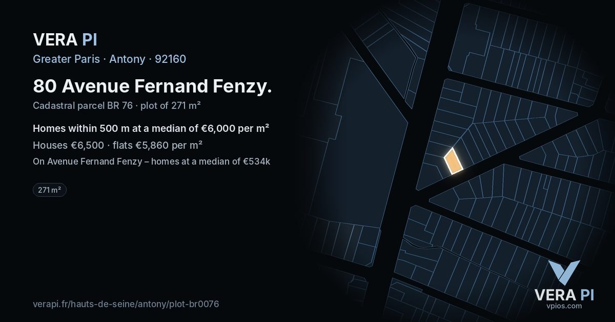 80 Avenue Fernand Fenzy, Antony at night – the plot lit, the parcels around coloured by the prices near them