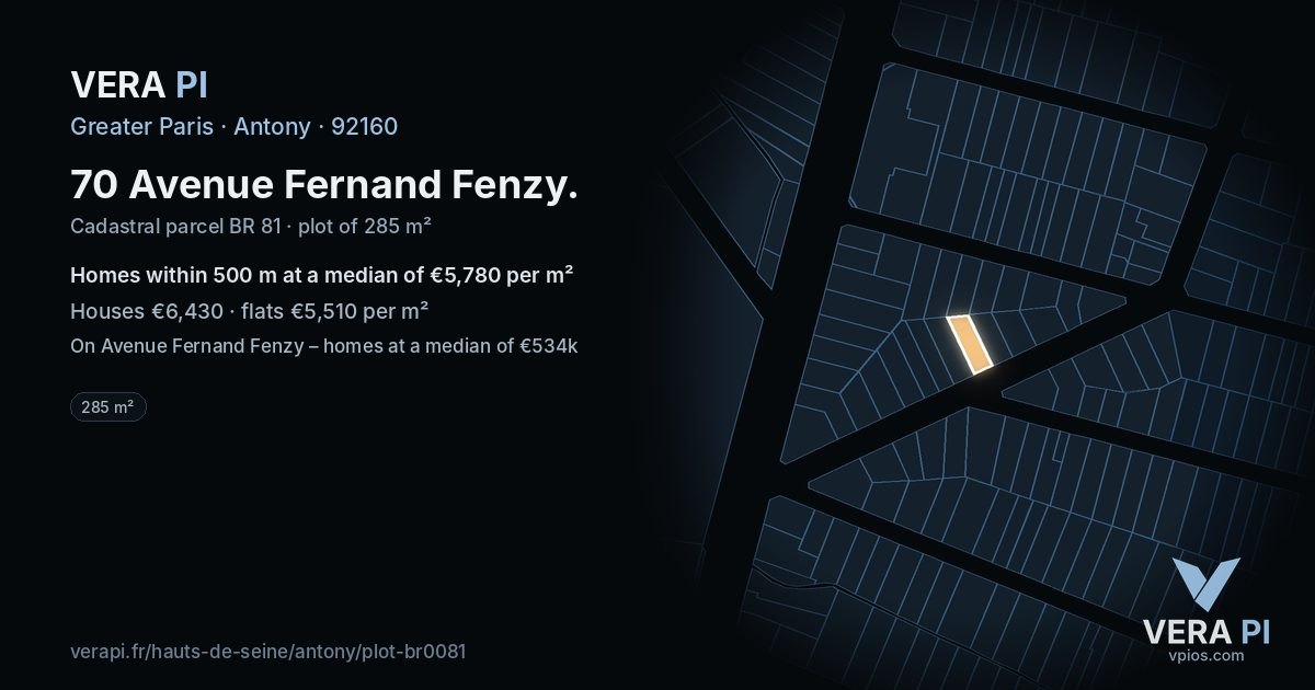 70 Avenue Fernand Fenzy, Antony at night – the plot lit, the parcels around coloured by the prices near them
