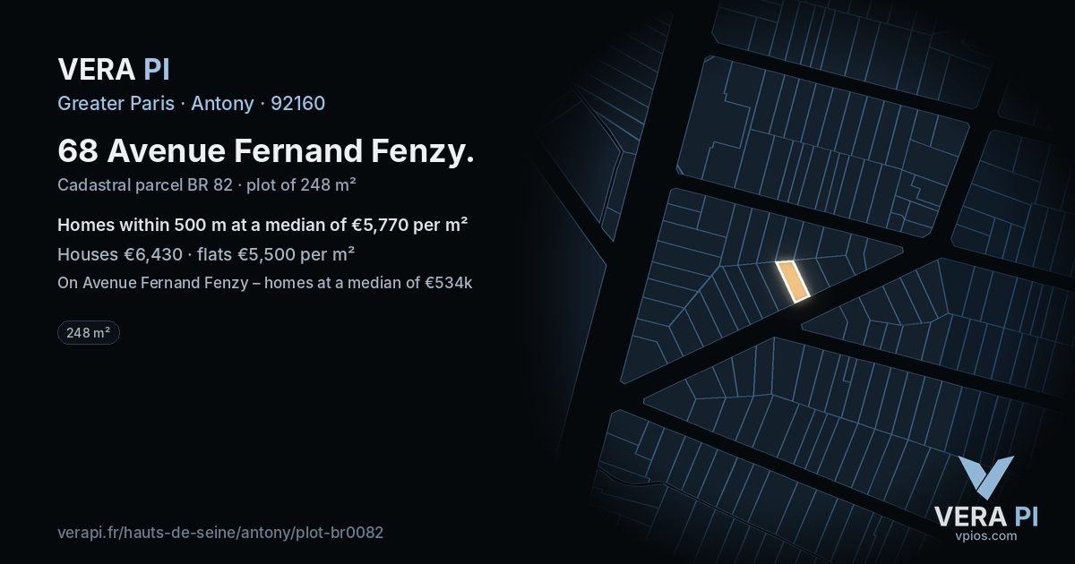 68 Avenue Fernand Fenzy, Antony at night – the plot lit, the parcels around coloured by the prices near them