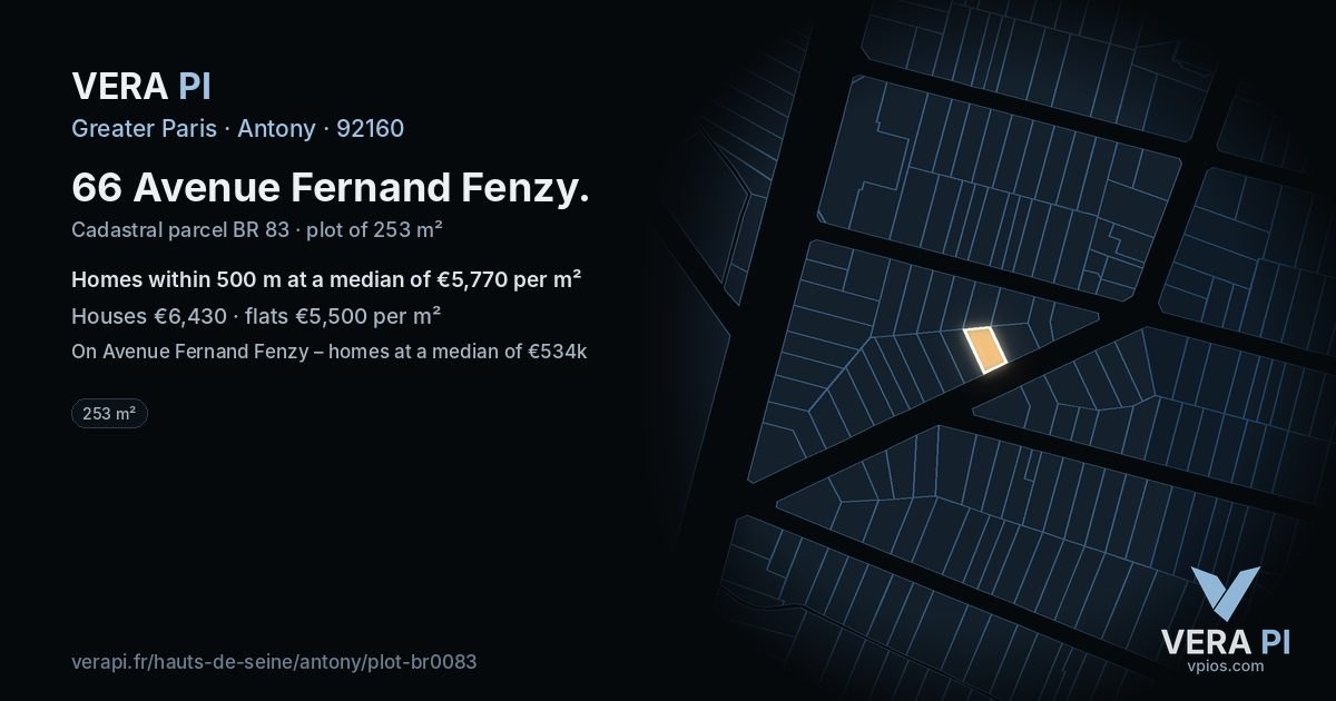 66 Avenue Fernand Fenzy, Antony at night – the plot lit, the parcels around coloured by the prices near them