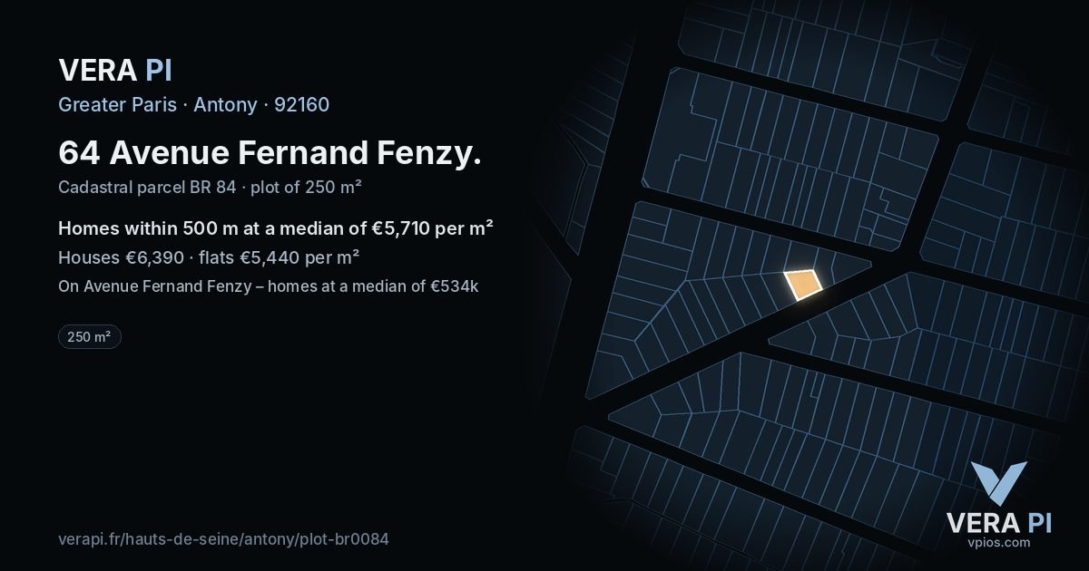 64 Avenue Fernand Fenzy, Antony at night – the plot lit, the parcels around coloured by the prices near them