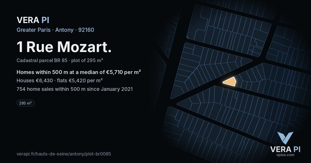 1 Rue Mozart, Antony at night – the plot lit, the parcels around coloured by the prices near them