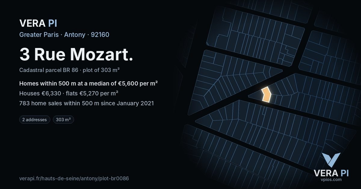 3 Rue Mozart, Antony at night – the plot lit, the parcels around coloured by the prices near them