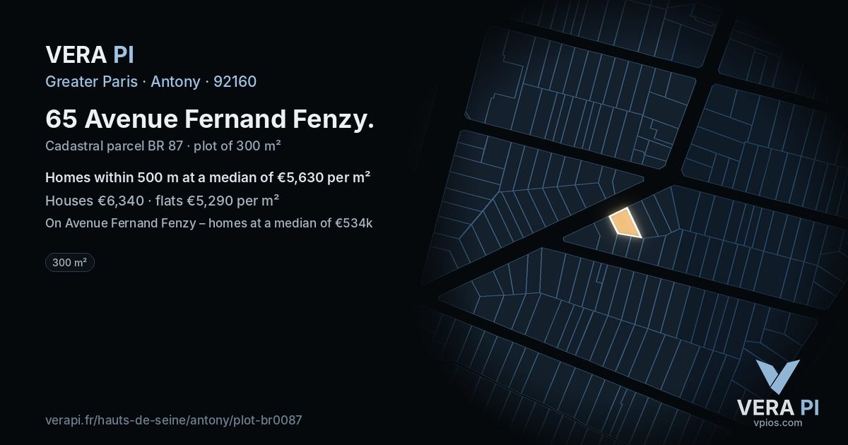 65 Avenue Fernand Fenzy, Antony at night – the plot lit, the parcels around coloured by the prices near them