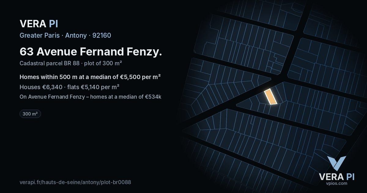 63 Avenue Fernand Fenzy, Antony at night – the plot lit, the parcels around coloured by the prices near them