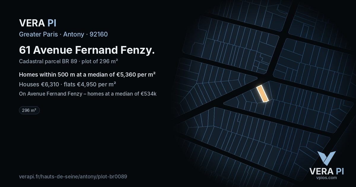 61 Avenue Fernand Fenzy, Antony at night – the plot lit, the parcels around coloured by the prices near them
