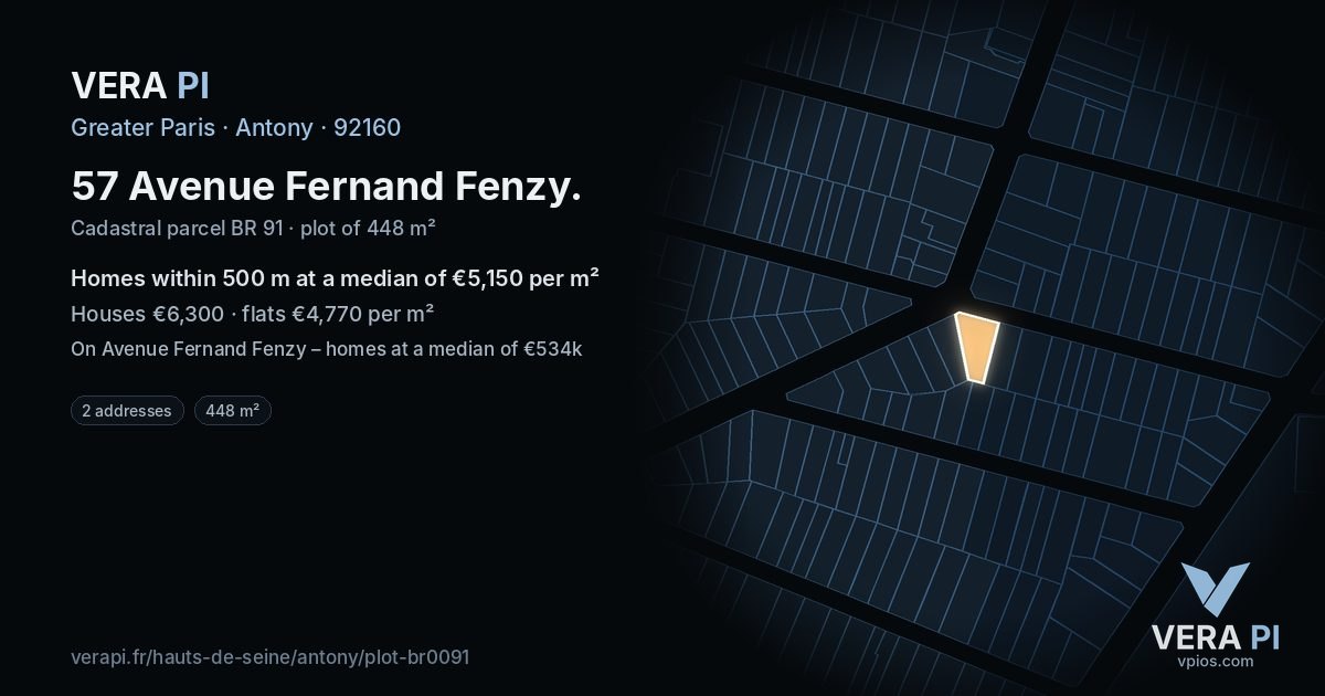 57 Avenue Fernand Fenzy, Antony at night – the plot lit, the parcels around coloured by the prices near them