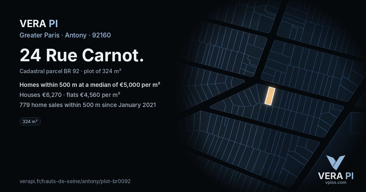 24 Rue Carnot, Antony at night – the plot lit, the parcels around coloured by the prices near them