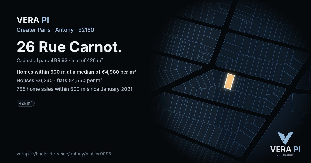 26 Rue Carnot, Antony at night – the plot lit, the parcels around coloured by the prices near them