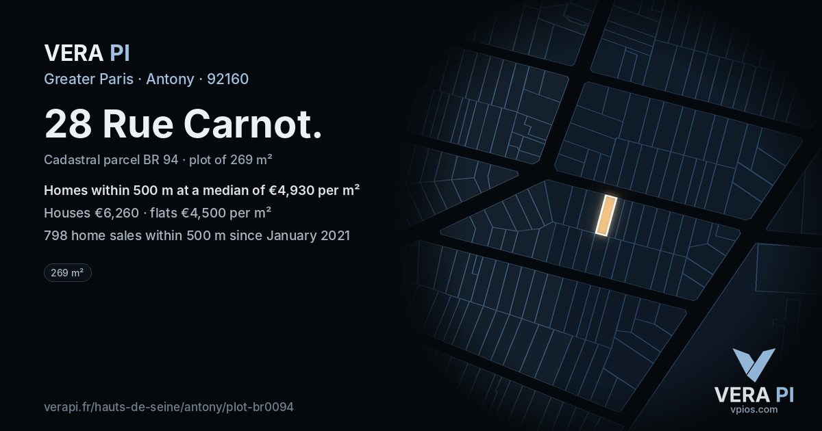 28 Rue Carnot, Antony at night – the plot lit, the parcels around coloured by the prices near them