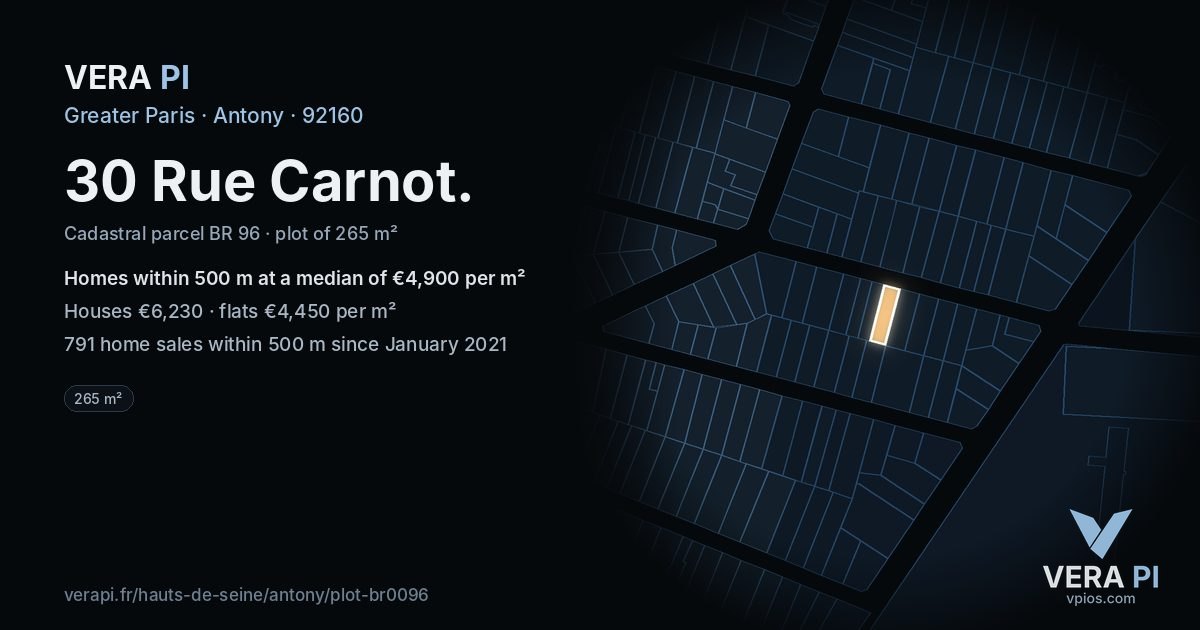 30 Rue Carnot, Antony at night – the plot lit, the parcels around coloured by the prices near them