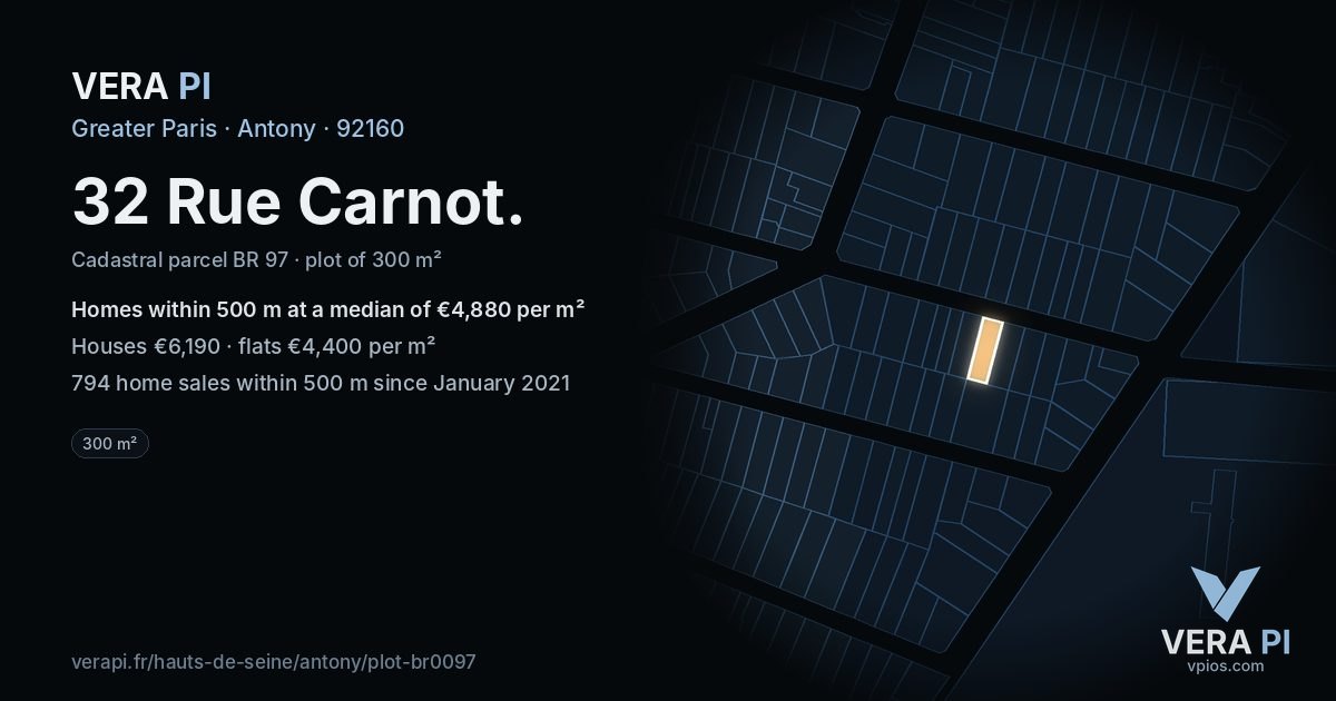 32 Rue Carnot, Antony at night – the plot lit, the parcels around coloured by the prices near them