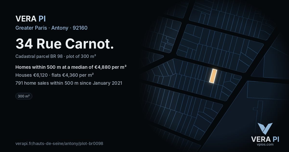 34 Rue Carnot, Antony at night – the plot lit, the parcels around coloured by the prices near them
