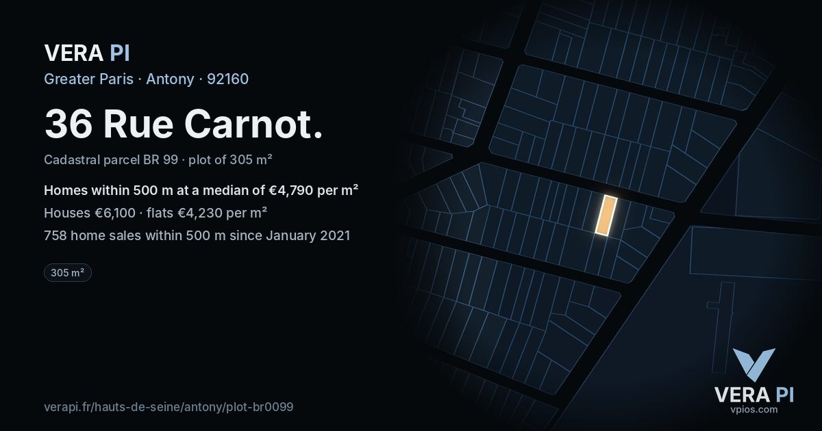 36 Rue Carnot, Antony at night – the plot lit, the parcels around coloured by the prices near them