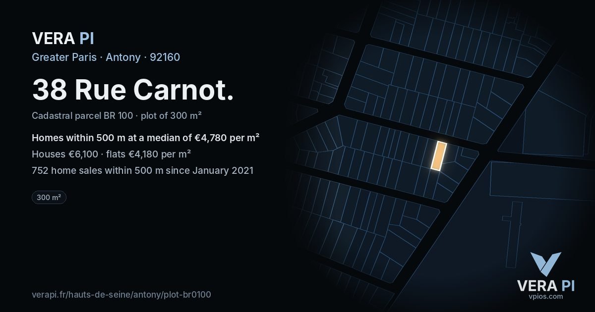 38 Rue Carnot, Antony at night – the plot lit, the parcels around coloured by the prices near them