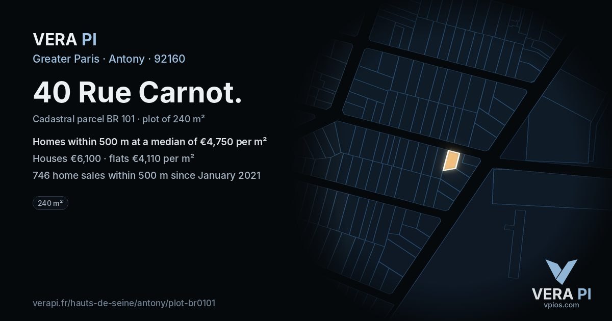 40 Rue Carnot, Antony at night – the plot lit, the parcels around coloured by the prices near them
