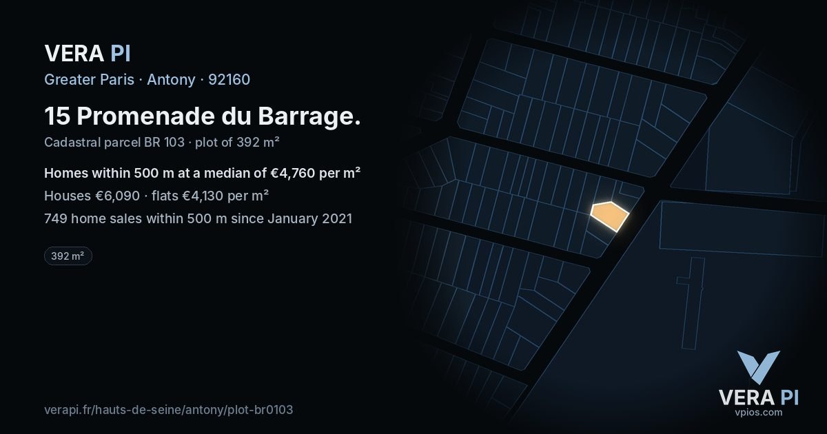15 Promenade du Barrage, Antony at night – the plot lit, the parcels around coloured by the prices near them
