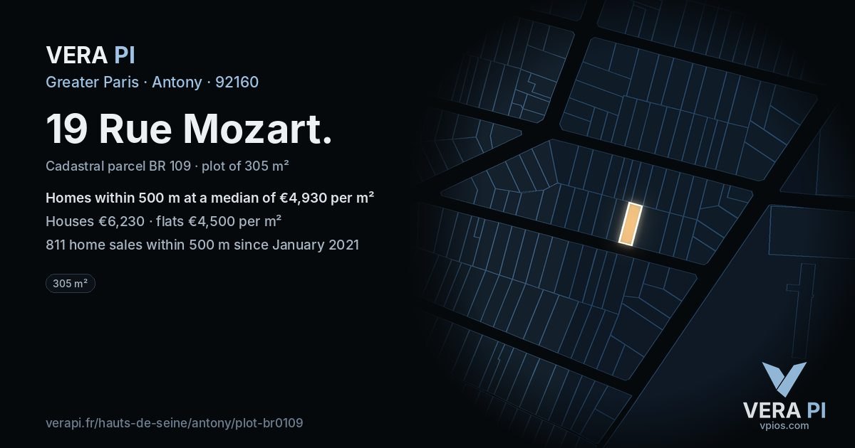 19 Rue Mozart, Antony at night – the plot lit, the parcels around coloured by the prices near them