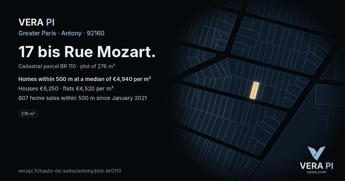 17 bis Rue Mozart, Antony at night – the plot lit, the parcels around coloured by the prices near them