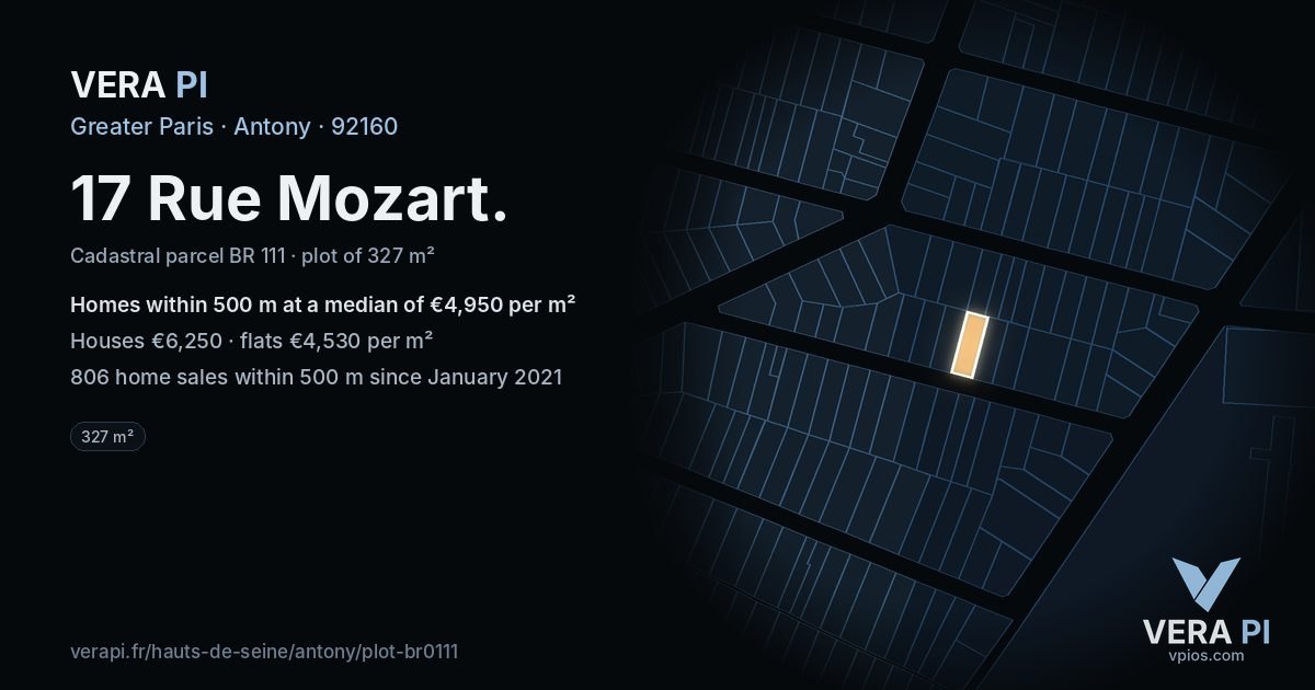 17 Rue Mozart, Antony at night – the plot lit, the parcels around coloured by the prices near them