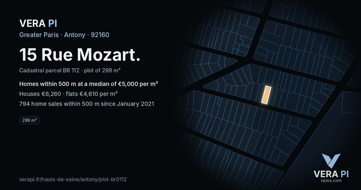 15 Rue Mozart, Antony at night – the plot lit, the parcels around coloured by the prices near them
