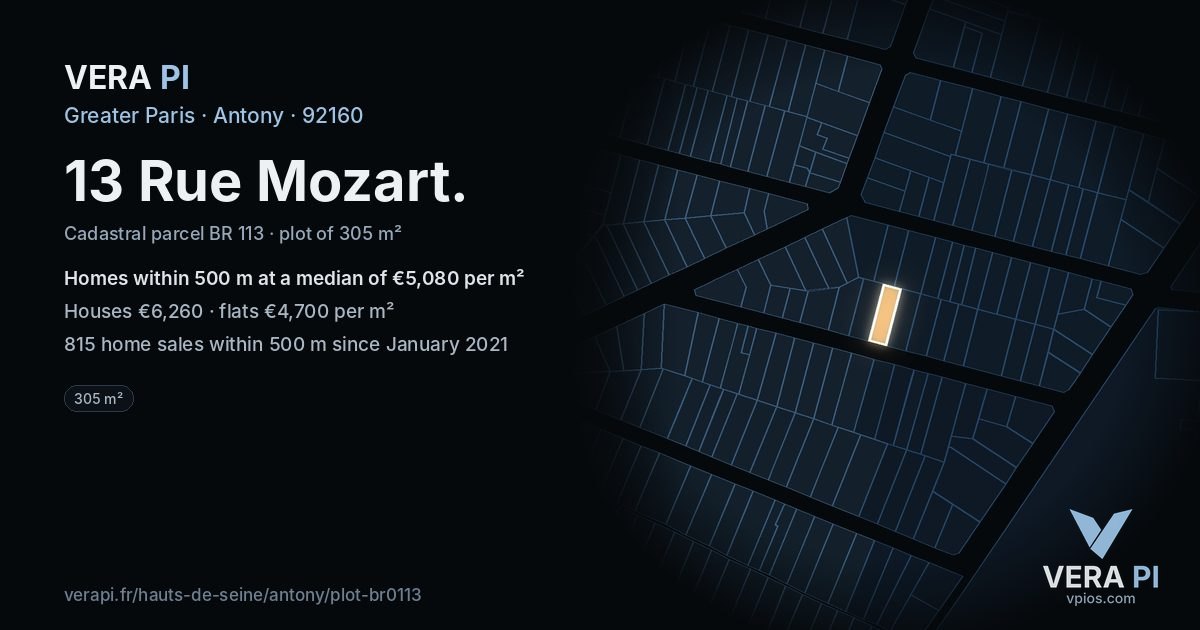 13 Rue Mozart, Antony at night – the plot lit, the parcels around coloured by the prices near them