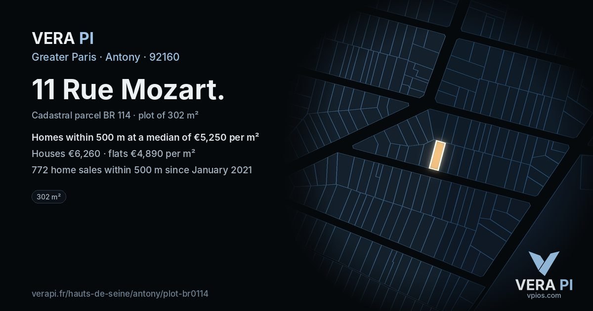 11 Rue Mozart, Antony at night – the plot lit, the parcels around coloured by the prices near them