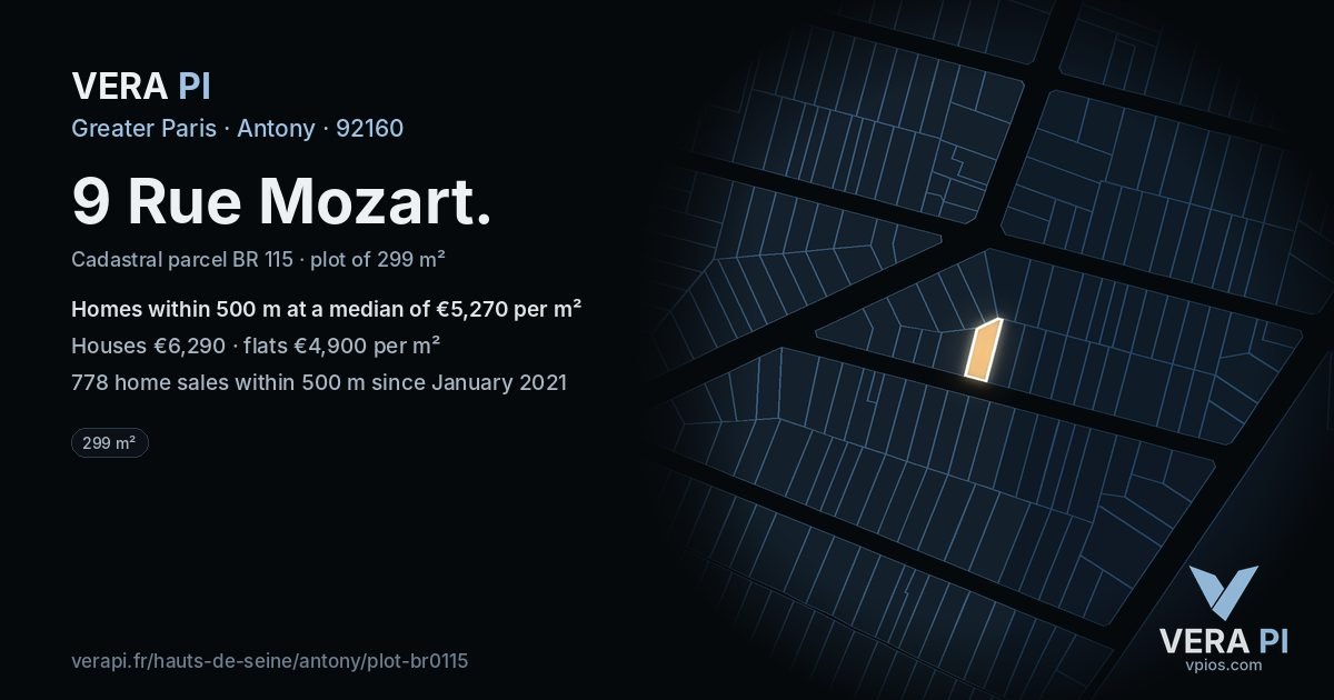 9 Rue Mozart, Antony at night – the plot lit, the parcels around coloured by the prices near them