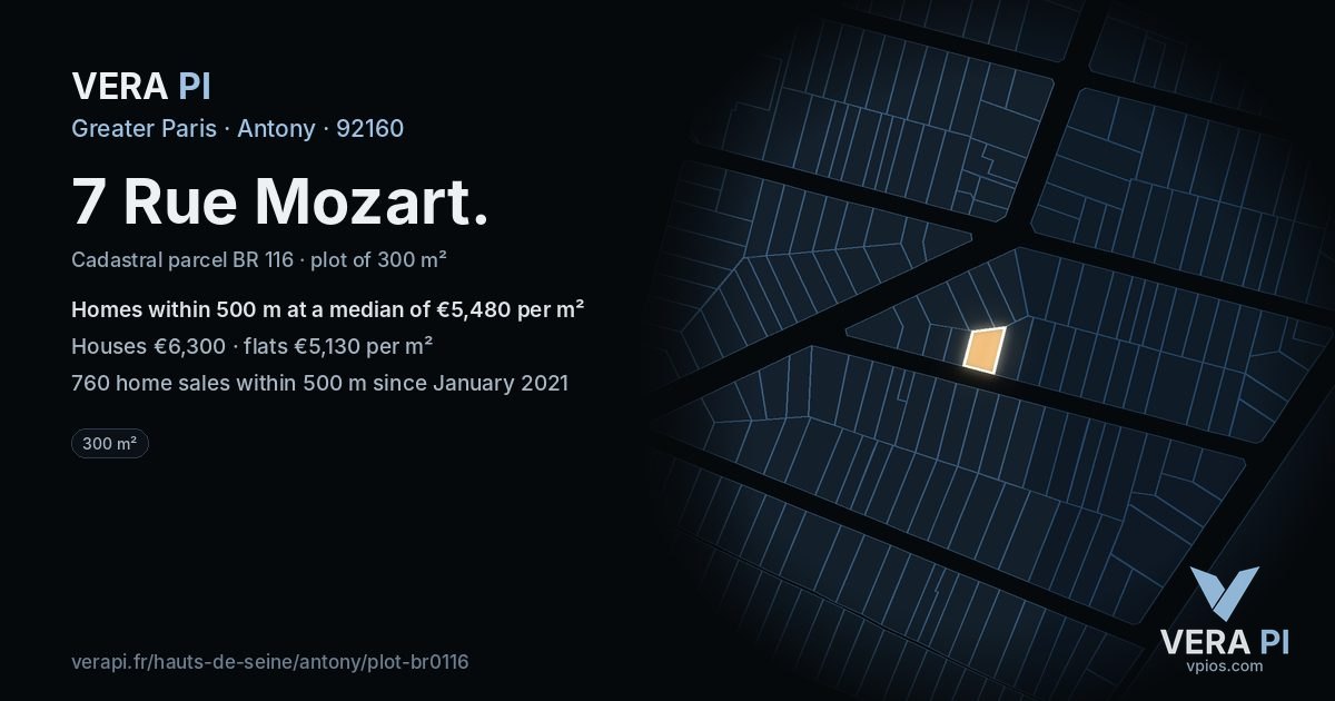 7 Rue Mozart, Antony at night – the plot lit, the parcels around coloured by the prices near them