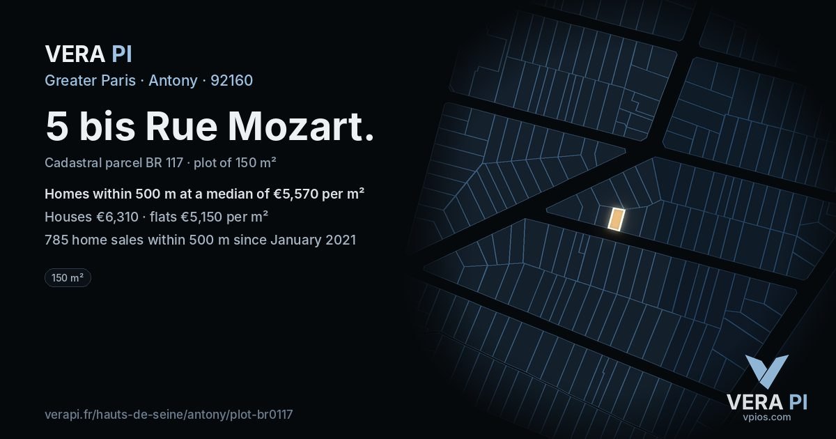 5 bis Rue Mozart, Antony at night – the plot lit, the parcels around coloured by the prices near them