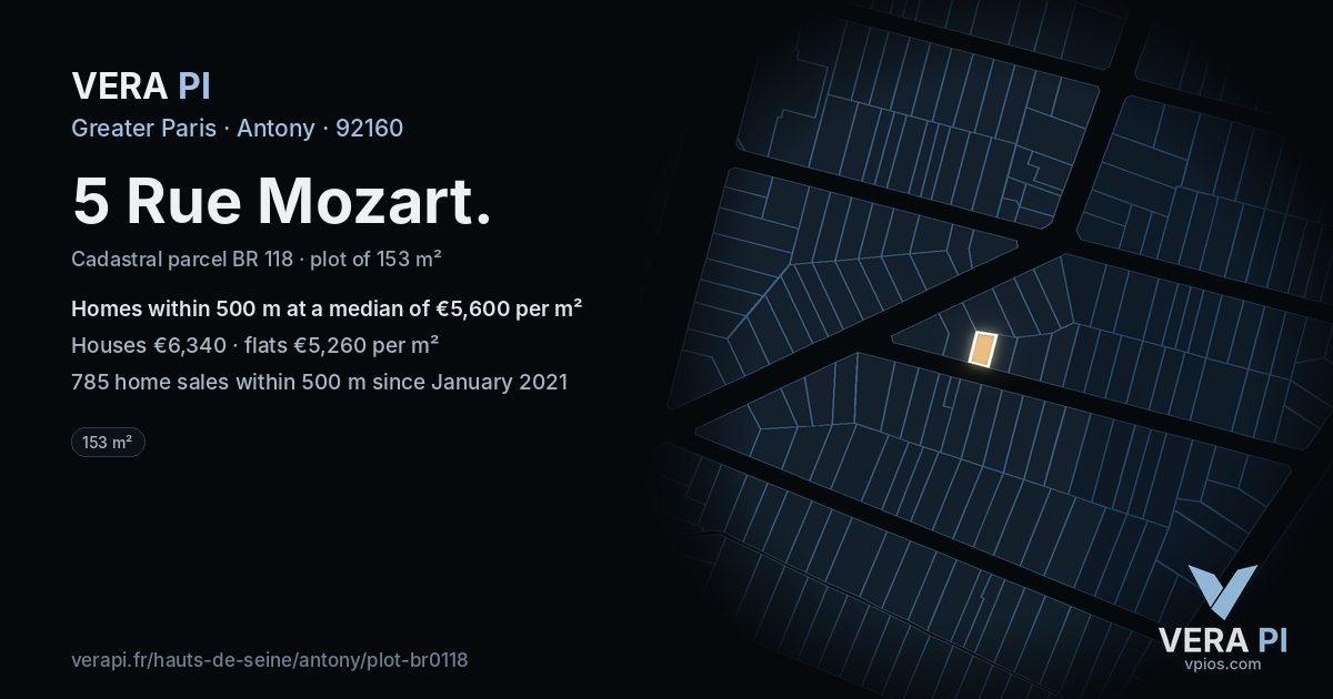 5 Rue Mozart, Antony at night – the plot lit, the parcels around coloured by the prices near them