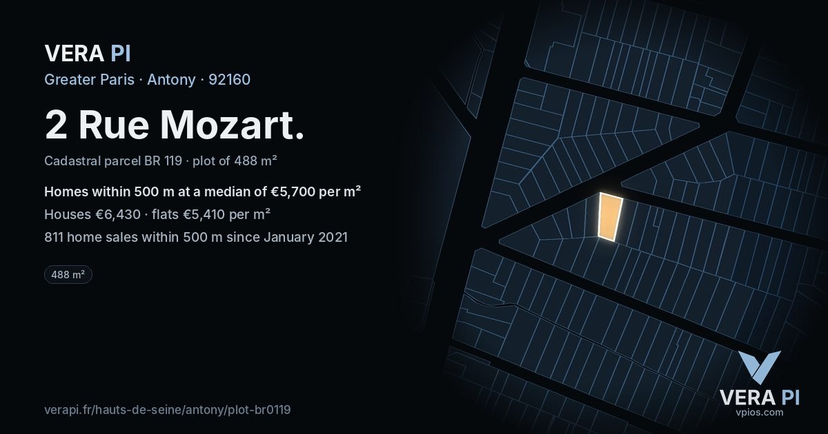 2 Rue Mozart, Antony at night – the plot lit, the parcels around coloured by the prices near them