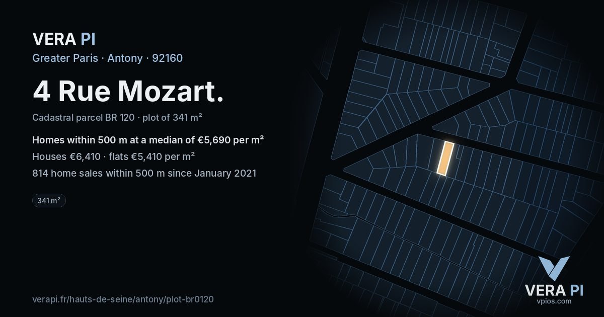 4 Rue Mozart, Antony at night – the plot lit, the parcels around coloured by the prices near them