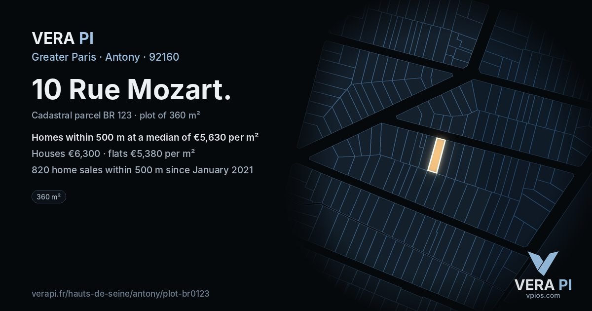 10 Rue Mozart, Antony at night – the plot lit, the parcels around coloured by the prices near them