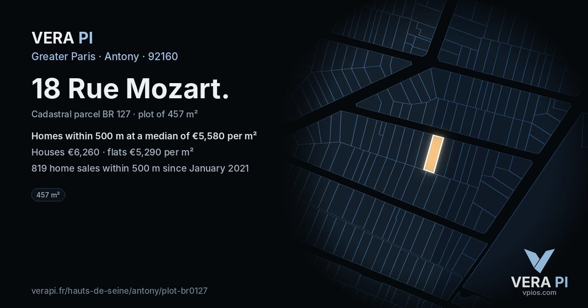 18 Rue Mozart, Antony at night – the plot lit, the parcels around coloured by the prices near them