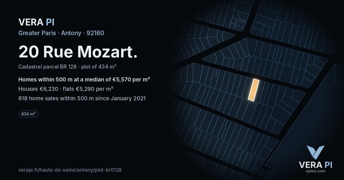 20 Rue Mozart, Antony at night – the plot lit, the parcels around coloured by the prices near them