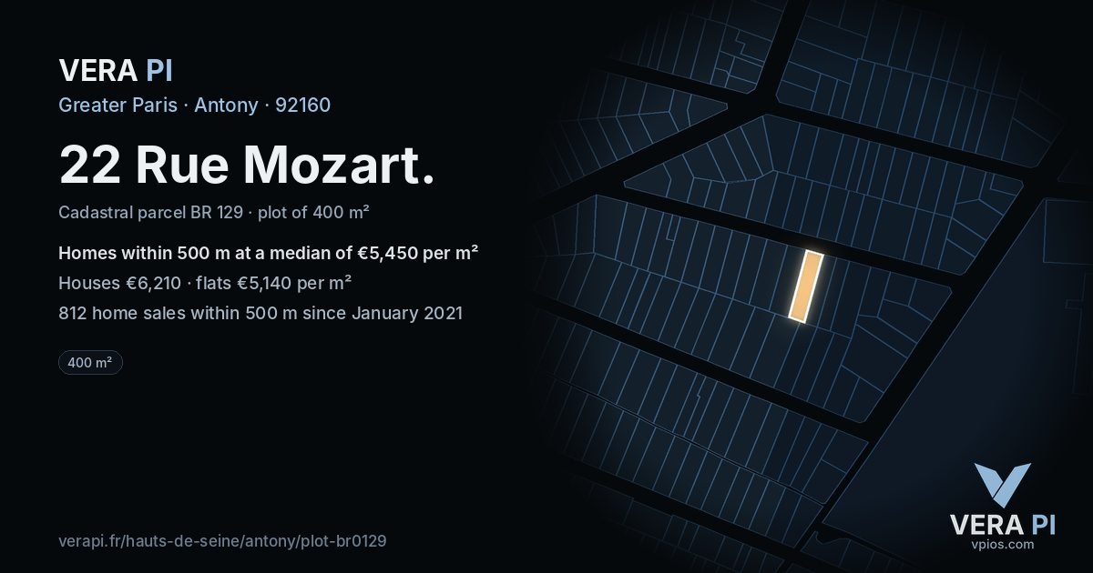 22 Rue Mozart, Antony at night – the plot lit, the parcels around coloured by the prices near them